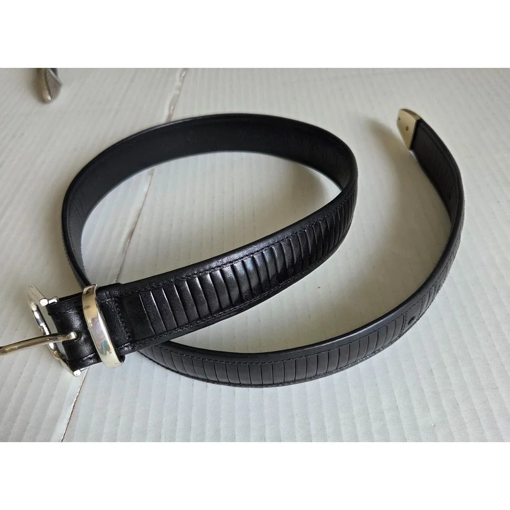 Mezlan Belt Mens 30 Black Leather Silver Tip Western Dress Ribbed Made in Spain